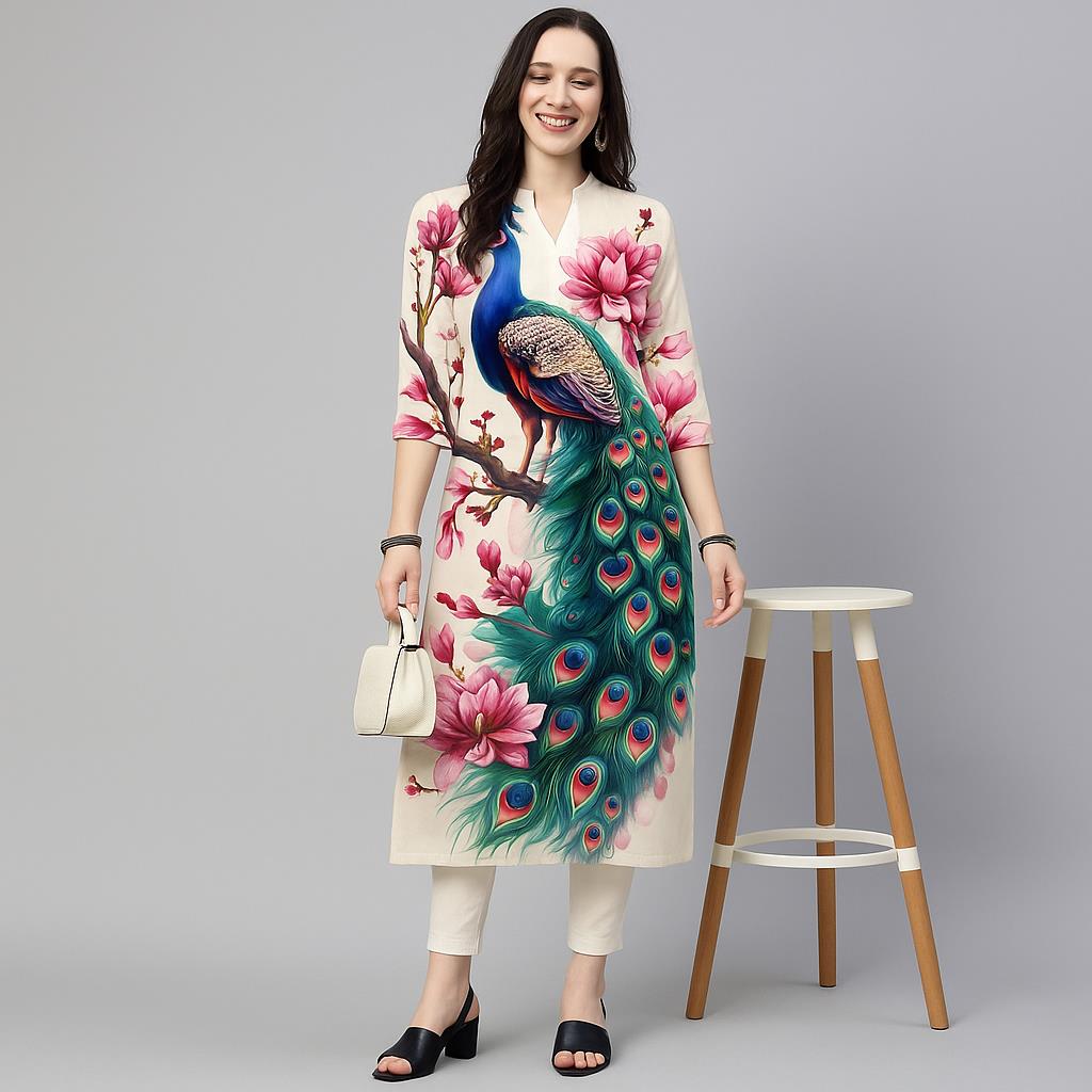 Ethnic Fashion Kurtis - Peacock Women's Kurt Casual Fashion Dress