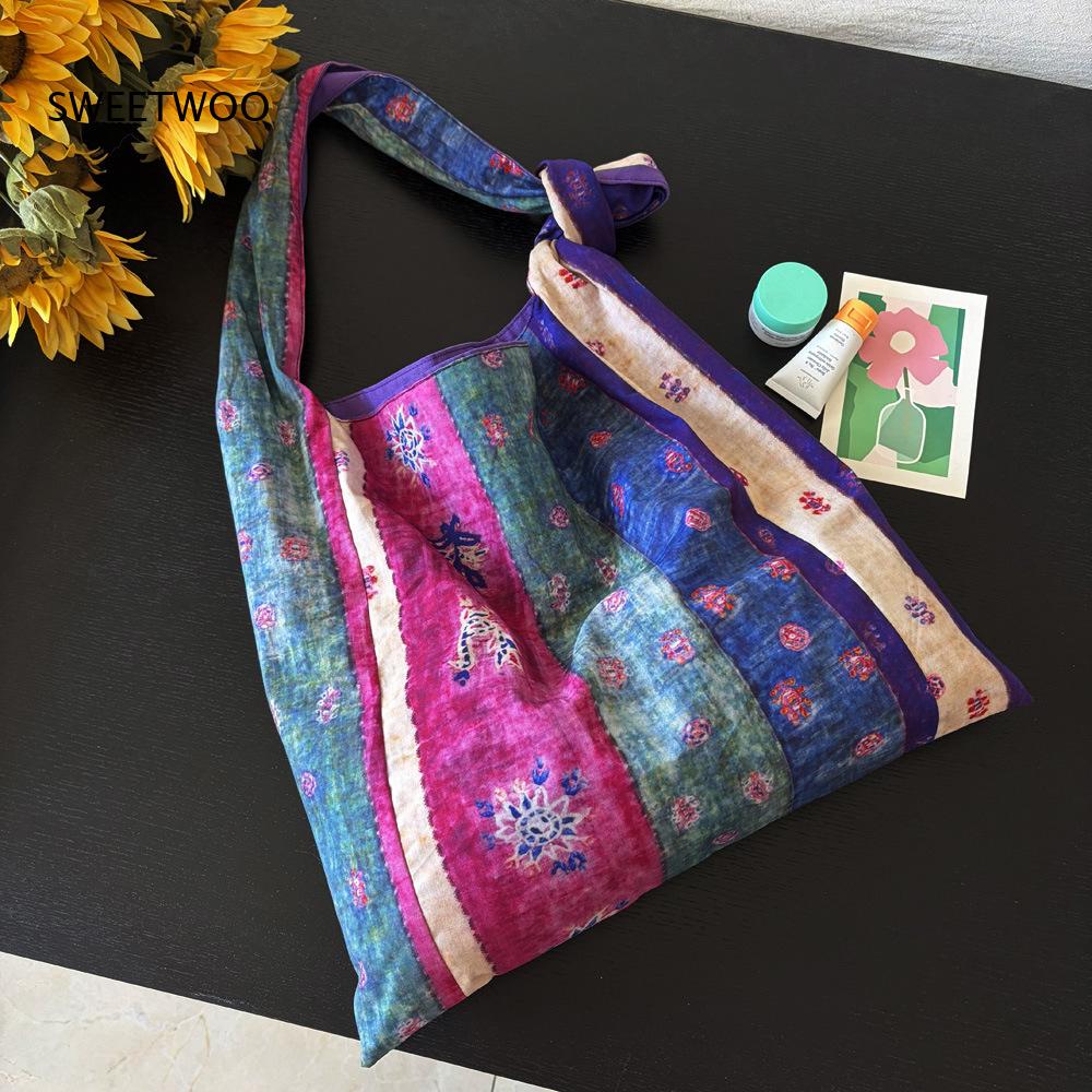 Ethnic Fashion Way - Purple Patchwork Ethnic Stripe Cotton Tote