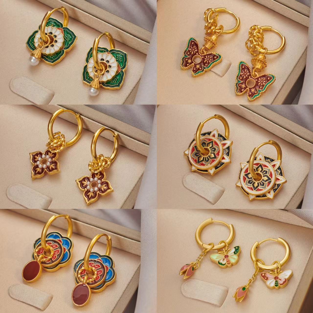 Ethnic Fashion Way - Vintage Chinese Colorful Enamel Earrings for